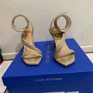 Stuart Weitzman Beatrix Metallic Glitter Ankle Wrap Sandal Size 37.5 /7, 7.5